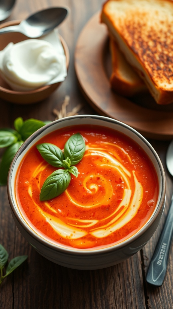 A comforting bowl of creamy tomato basil soup with fresh basil and grilled cheese sandwich on a wooden table.